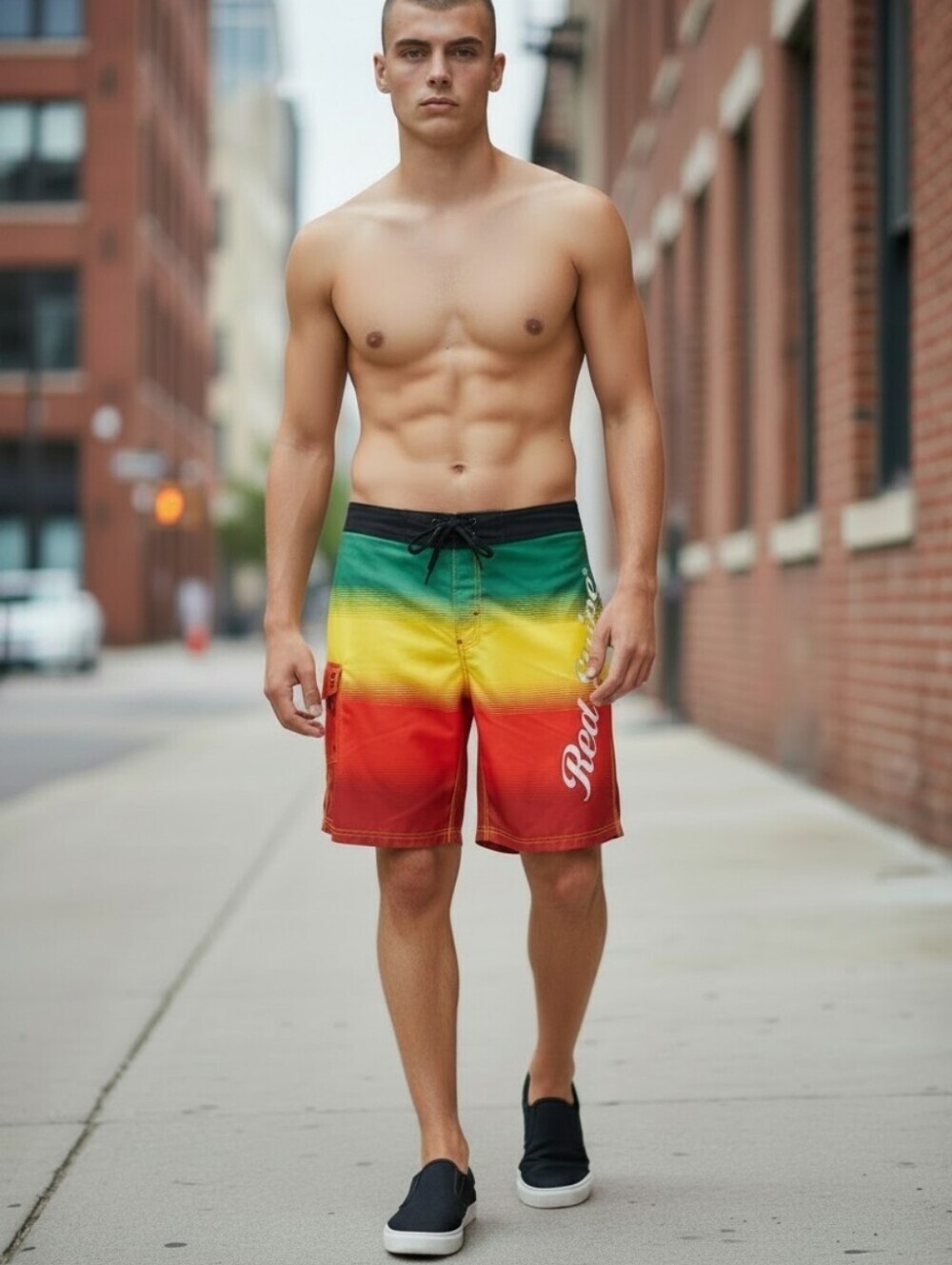 RED STRIPE Men'sJamaican Lager Beer Swim Trunks Shorts Sz36 Rasta Reggae Colors